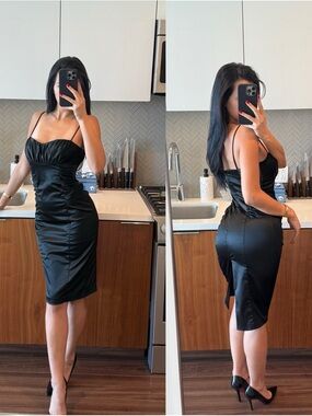 David Meister Black Satin Ruched Bodycon Midi Dress Vintage